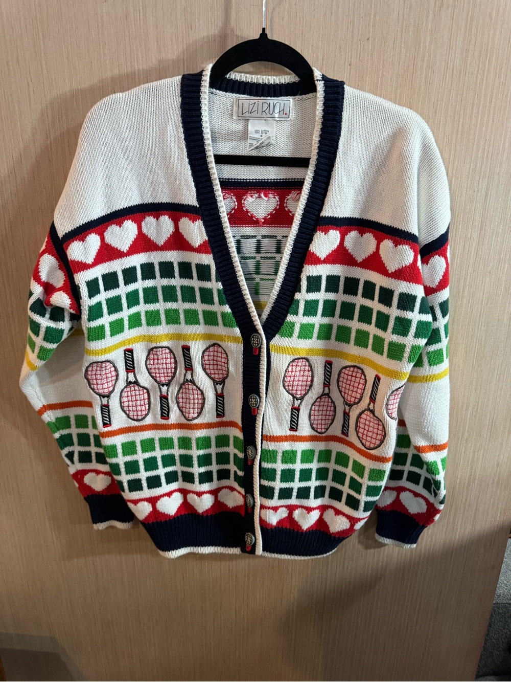 Women’s Lizi Ruch Vintage White Navy-Trim Tennis Motif Cardigan Size Small
